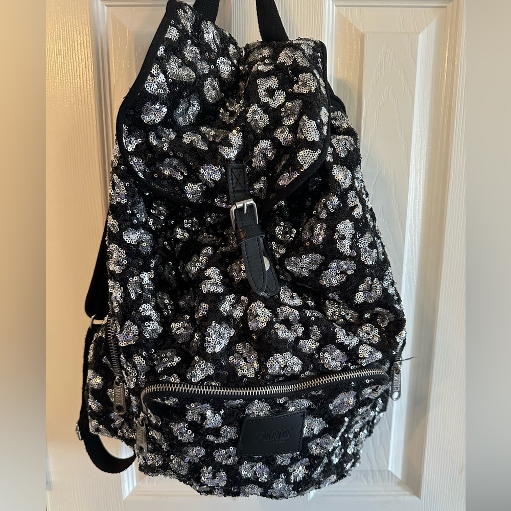 PINK Victoria’s Secret Black and Silver Cheetah Print Sequin Backpack